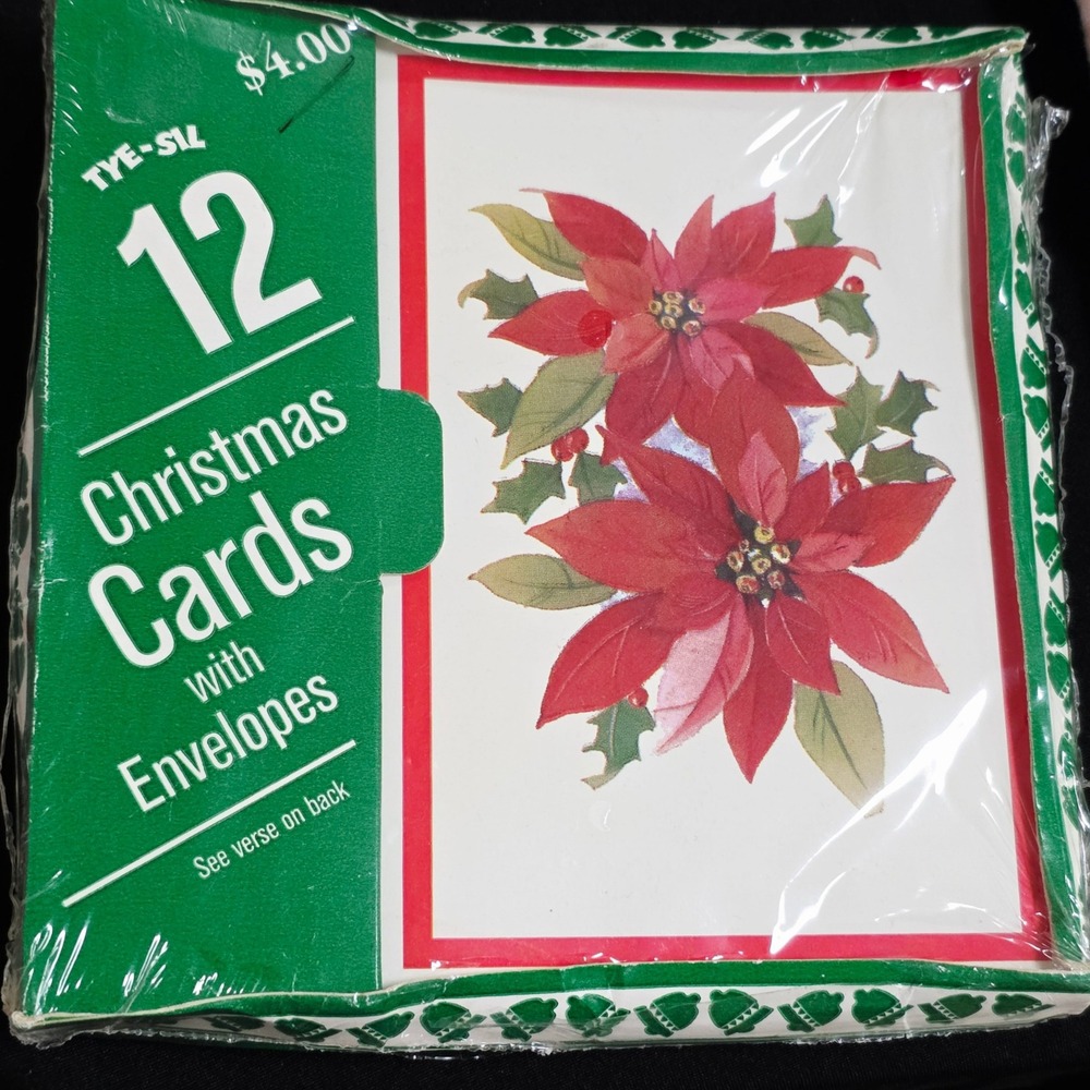 Vintage‎ TYE-SIL 12 Christmas Cards with Envelopes Poinsettia Design